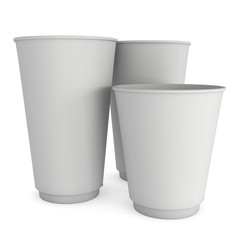 Disposable coffee cups. Blank paper mug. 3d render isolated on white background