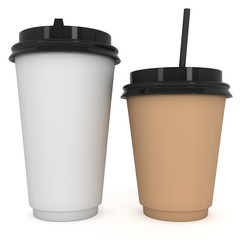 Disposable coffee cups with paper straw . Blank paper mug with plastic cap. 3d render isolated on white background