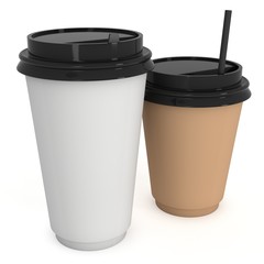 Disposable coffee cups with paper straw . Blank paper mug with plastic cap. 3d render isolated on white background