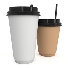 Disposable coffee cups with paper straw . Blank paper mug with plastic cap. 3d render isolated on white background