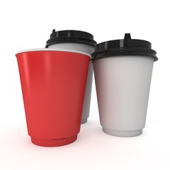 Disposable coffee cups. Blank paper mug. 3d render isolated on white background