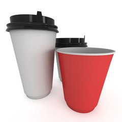 Disposable coffee cups. Blank paper mug. 3d render isolated on white background