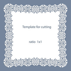 Greeting card with openwork border, paper doily under the cake, template for cutting, wedding invitation, decorative plate is laser cut, frame with lace edge, vector illustrations.