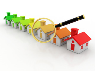 3d illustration of houses and magnify glass over white background