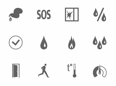 Alarm, fire detectors, humidity, motion, temperature, glass break, icons, monochrome. Vector dark gray image on a white background. Pictures for the sensors. 