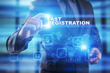 Businessman selecting fast registration on virtual screen.