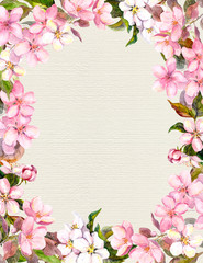 Fototapeta na wymiar Pink flowers - apple, cherry blossom. Floral vintage frame for retro postcard. Aquarelle on paper background