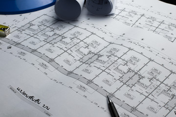 architectural plans project drawing with blueprints rolls