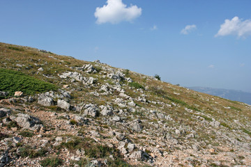 The stony hillside on the summer sunny day. This photo was taken in mountainous massif Chatyr-Dag, Crimea.  