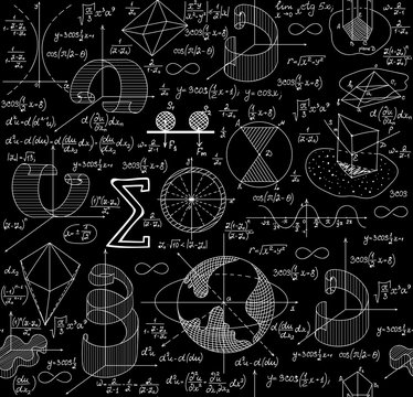 Math educational vector seamless pattern with formulas, calculations, and equations, handwritten on grid copybook paper