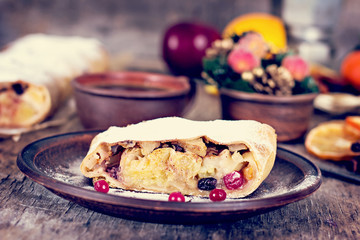 strudel and winter decor.