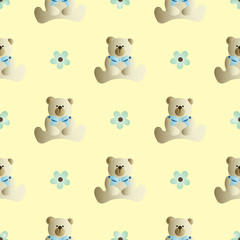 Seamless pattern with teddy bear with a bow and flowers on a yellow background