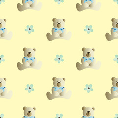 Seamless pattern with teddy bear with a bow and flowers on a yellow background