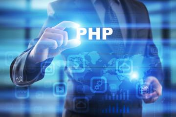 Businessman selecting php on virtual screen.