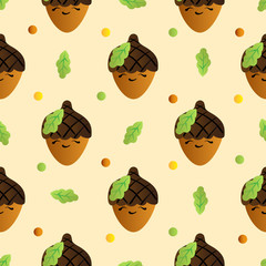 seamless pattern with smiling acorn on a yellow background