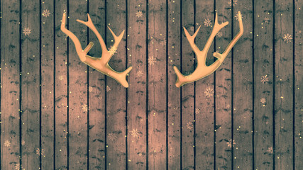 3d rendering picture of deer antlers on wooden wall. Merry Christmas greeting card. Teal and orange color vintage photo filter.