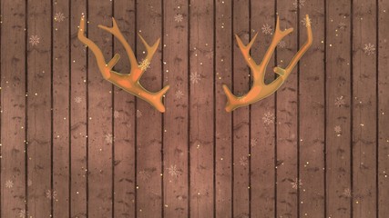 3d rendering picture of deer antlers on wooden wall. Merry Christmas greeting card.