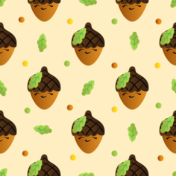 seamless pattern with smiling acorn on a yellow background