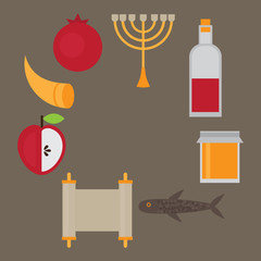 Rosh Hashanah Jewish New Year greeting card. Hebrew symbols. Judaism elements,