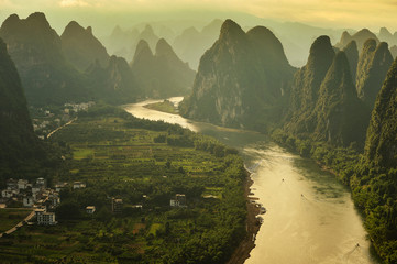 Xianggong hill landscape of Guilin, Li River and Karst mountains. Xingping, Yangshuo County, Guangxi Province, China