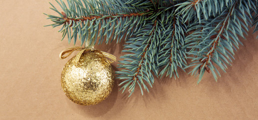 Golden Christmas ball on green spruce branch isolated .