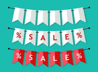 Eye catching set of heart shaped Valentines Day SALE bunting flags as different bright garlands with percent symbols