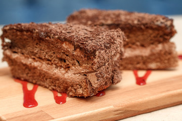Slices of chocolate cake with cream closeup