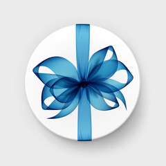 Vector White Round Gift Box with Transparent Light Blue Bow and Ribbon Top View Close up on Background