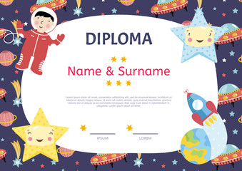 Diploma cartoon template. Spaceship, stars. planets, comets. For award for victory in scientific competition. Cartoon space diploma template.