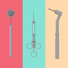 Metal medical equipment tools for teeth dental care. Dentistry vector illustration. Dental treatment concept. Tooth care, stomatology and orthodontics. Dentist professional instrument icons
