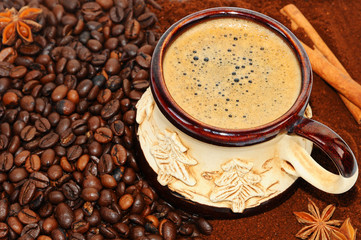 Background with coffee. Top view of roasted coffee beans background. Closeup christmas background.