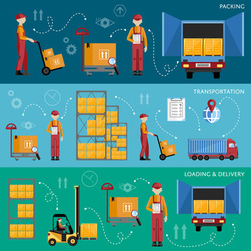 Delivery process infographics. Warehouse management concept flat design vector illustration. Shipment and delivery banners set.
