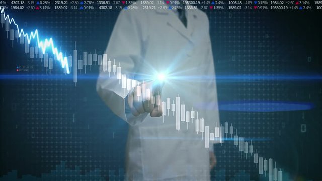 Researcher engineer touched screen, various animated Stock Market charts and graphs. decrease line. Artificial Intelligence