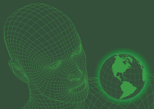 Wireframe Human Head Looking At The World