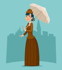 Wealthy Cartoon Victorian Lady Businesswoman Character Icon on Stylish English City Background Retro Vintage Great Britain Design Vector Illustration