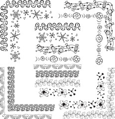 Set of different seamless decorative ornaments. Horizontal and corner elements. Can be used as borders and brushes. Snowflakes, candies, leaves, molecule, stars, abstract pattern. Vector illustration.