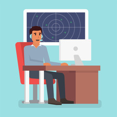 Emergency call center online support. Phone operator. Flat design vector illustration.