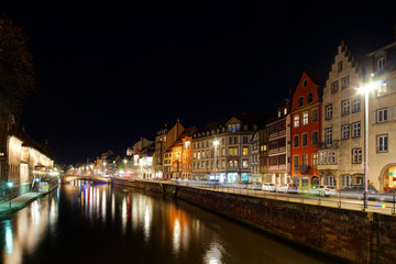 Fototapeta na wymiar Old center of Strasbourg night street view