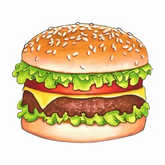 Hand drawn delicious burger illustration, food isolated on white background. Vector illustration.