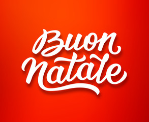 Merry Christmas hand lettering style text in italian on red background. Xmas sticker or greeting card vector design template