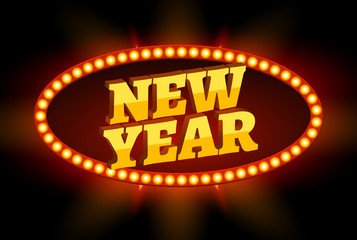 Neon retro billboard new year sign. Christmas holiday retro banner glowing with bulb. Xmas card design