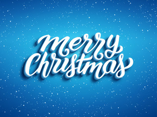 Obraz na płótnie Canvas Merry Christmas calligraphic text on blue vector background with sparkles. Christmas greeting card design with 3D typography