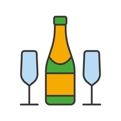 Champagne bottle and glasses color icon