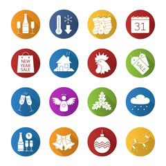 Christmas and New Year flat design long shadow icons set