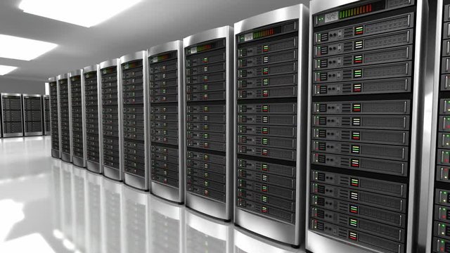 Modern interior of server room in datacenter 3d animation. 