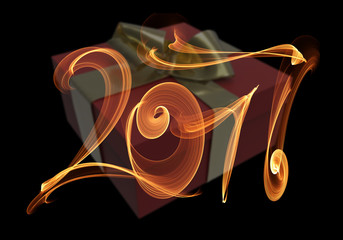 Happy new year 2017 isolated numbers lettering written with fire flame or smoke on black background with gift box. 3d illustration