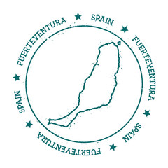 Fuerteventura vector map. Distressed travel stamp with text wrapped around a circle and stars. Island sticker vector illustration.