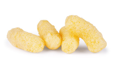 Crunchy corn snacks on white background