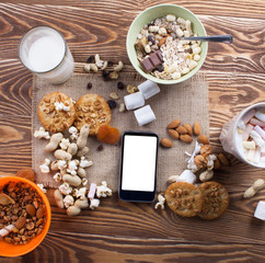Fast breakfast on wood desk