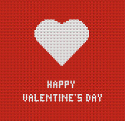 Happy Valentine Day knitted greeting card with heart, vector illustration of loving heart